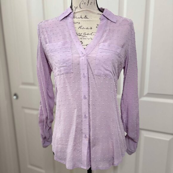 Candie's Tops - Women's Sheer Lavender Button-Up Blouse with Raised Hearts & Long-Sleeves